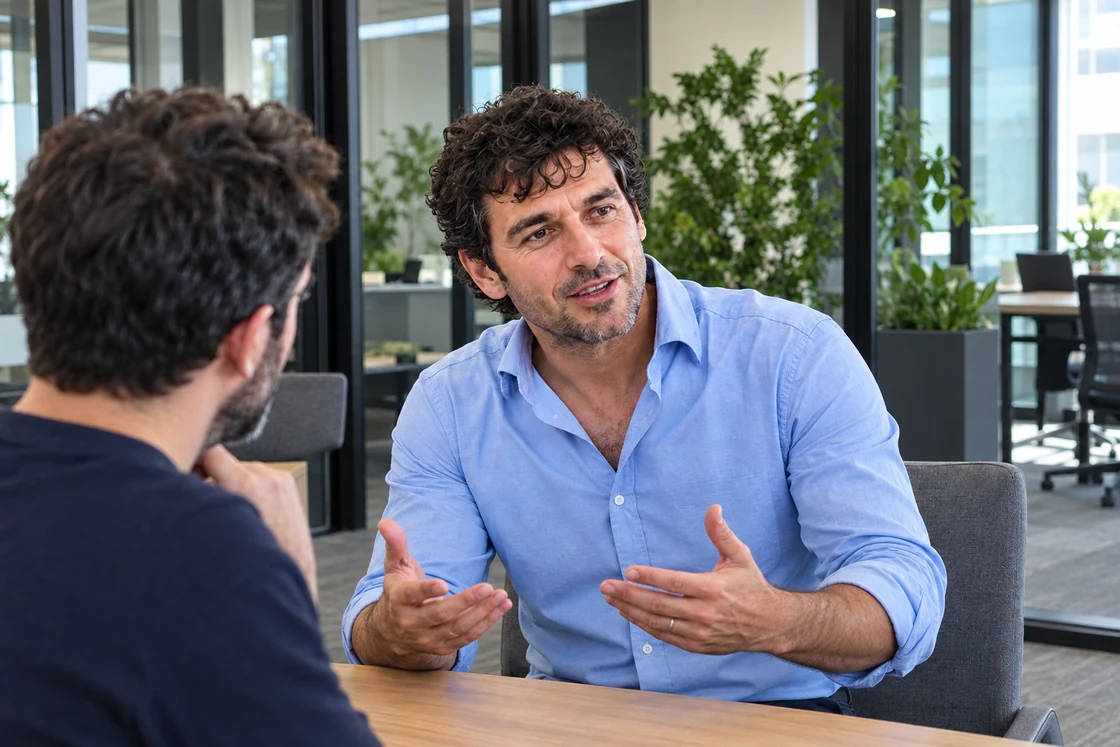 Dos personas conversan frente a frente en una oficina