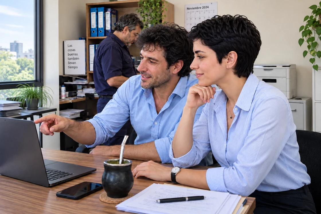 Dos colegas revisan información en una computadora en la oficina