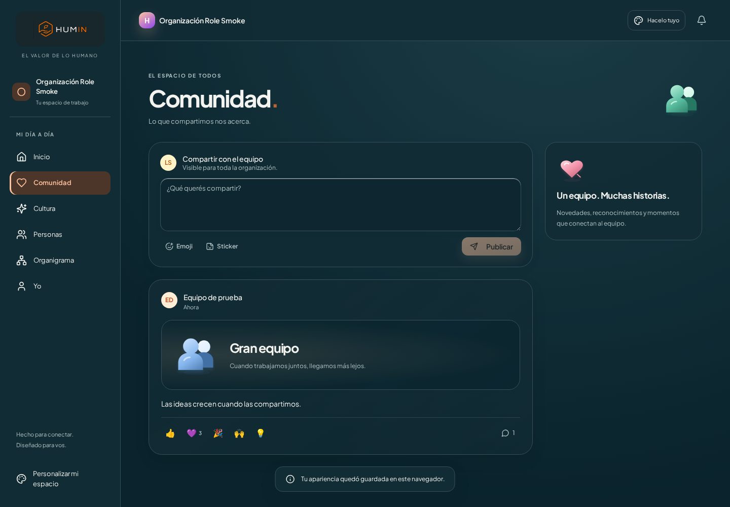 Comunidad real de HUMIN en tema oscuro verde petróleo, con publicaciones, stickers y reacciones.